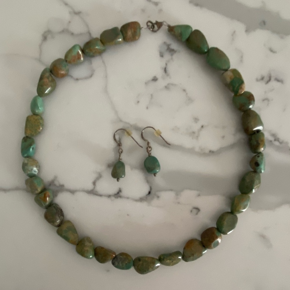 Sterling Silver and Green Stone Necklace and Earrings Set